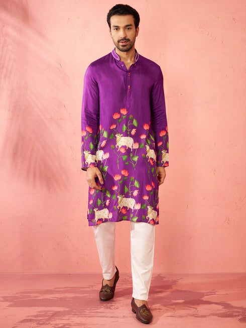 Men's Purple Dola Silk Digital Print Kurta with Cream Pyjama